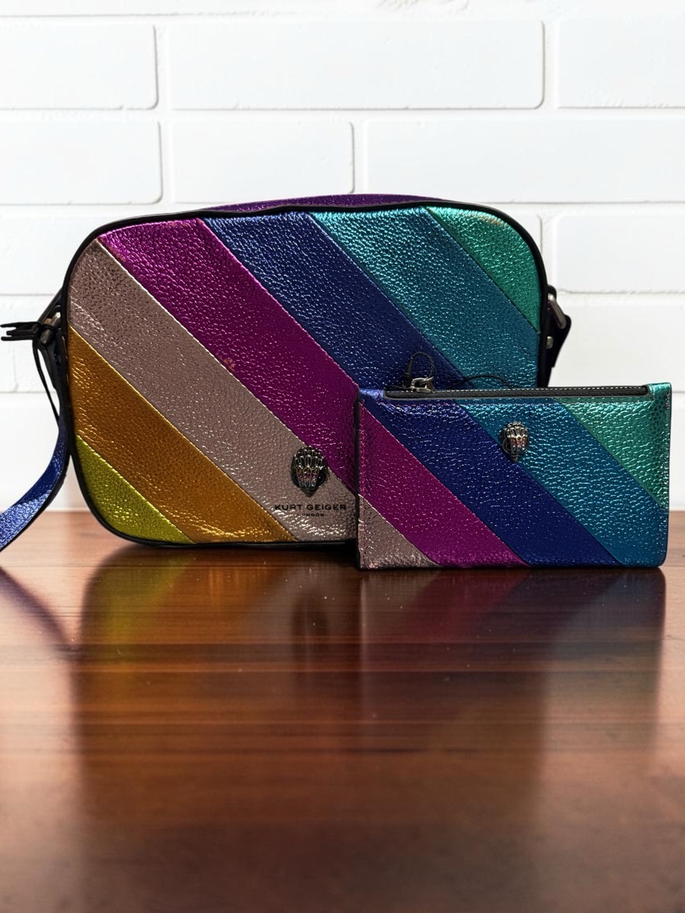 Kurt Geiger Metallic Rainbow Diagonal Stripe Crossbody with Wallet NWT